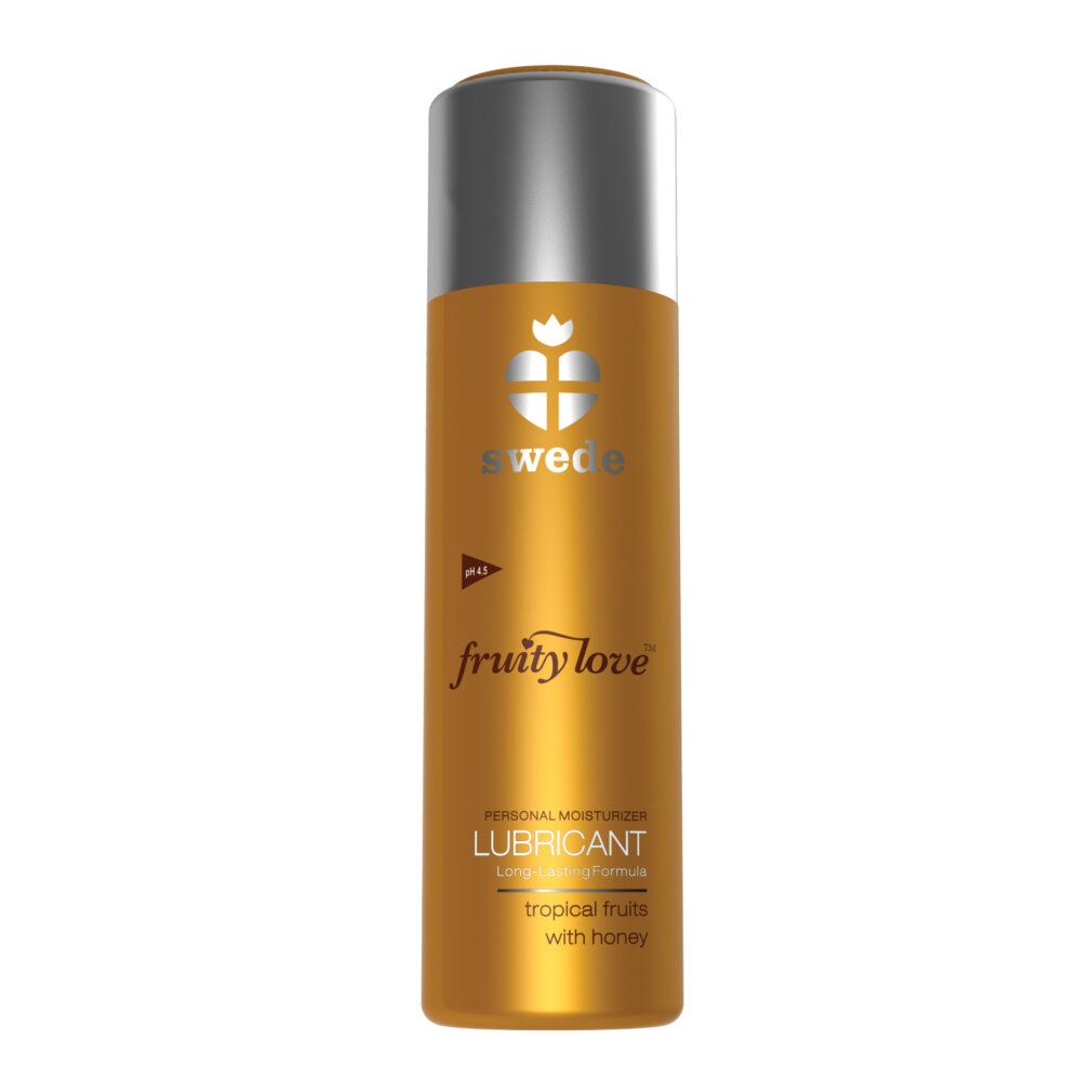 Goldfarbene Flasche mit silbernem Deckel. Aufschrift "swede", "fruity love", "Lubricant".