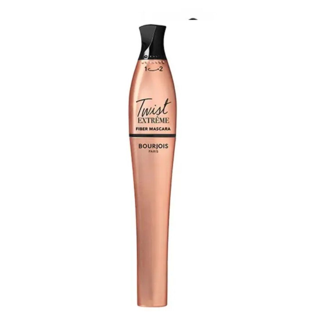 Bourjois Twist Extrême Fiber Mascara. Kupferfarbene Hülse, schwarzer Deckel. Text: Twist Extrême Fiber Mascara, Bourjois Paris.