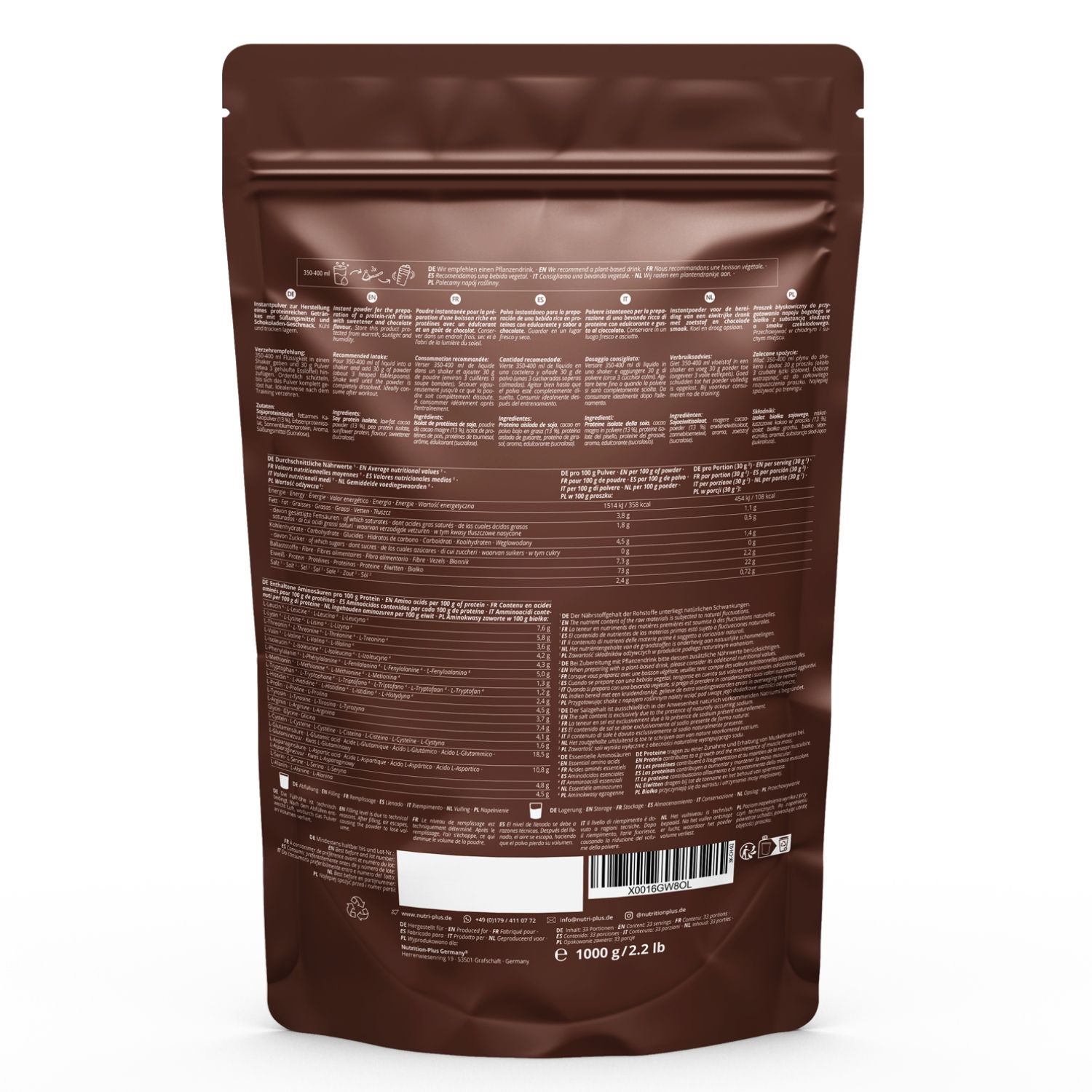 Achterkant bruine zak "Vegan 3K Protein". Tekst met voedingswaarde en ingrediënten. Barcode.