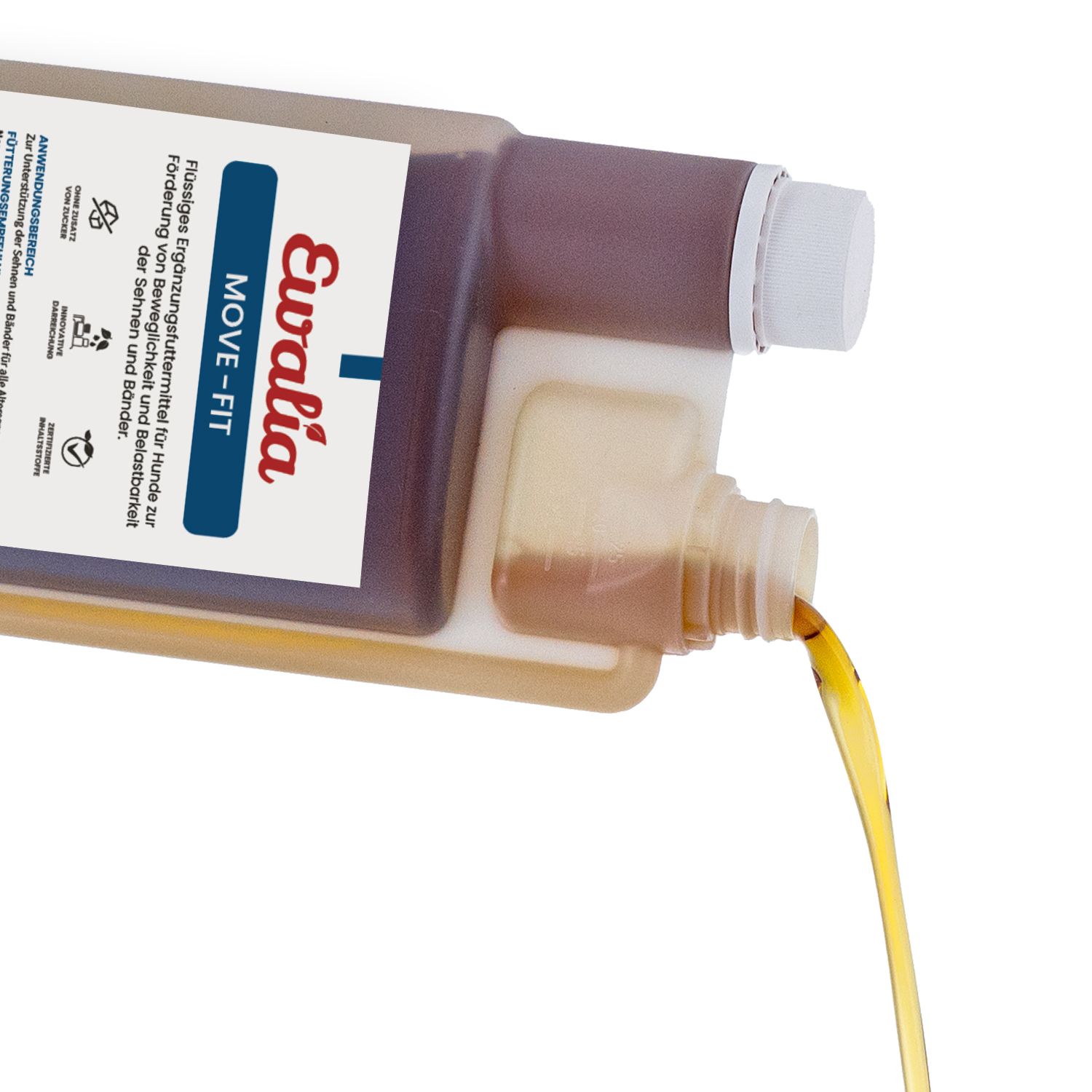EWALIA Move-Fit. Flüssigkeit wird aus einer Flasche gegossen. Etikett mit Produktinformationen. Weißer Deckel.