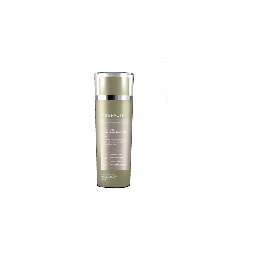 Zylindrische Flasche mit M2 Beauté-Etikett. Text: Ultra Pure Solutions Oil-Free Make-Up Remover. Farbgebung: Grün, Silber und Weiß.