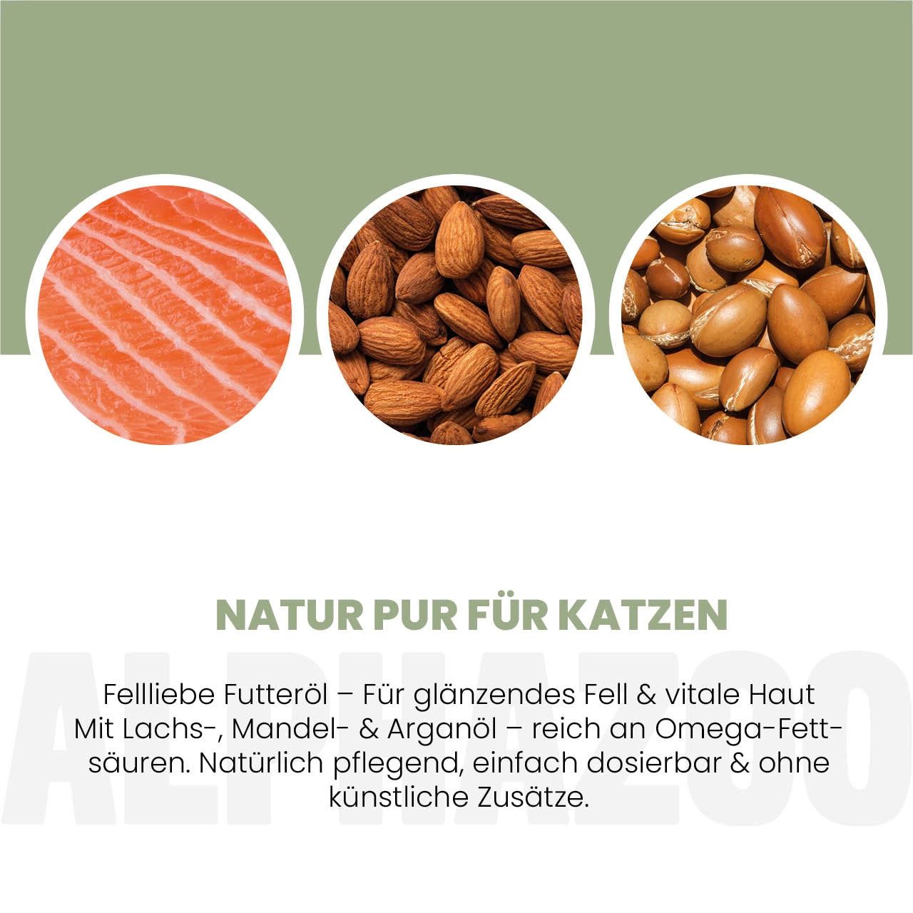 Drei Kreise mit Zutaten: Lachs, Mandeln, Arganöl. Text: Natur pur für Katzen. Fellliebe Futteröl für glänzendes Fell & vitale Haut. Reich an Omega-Fettsäuren.