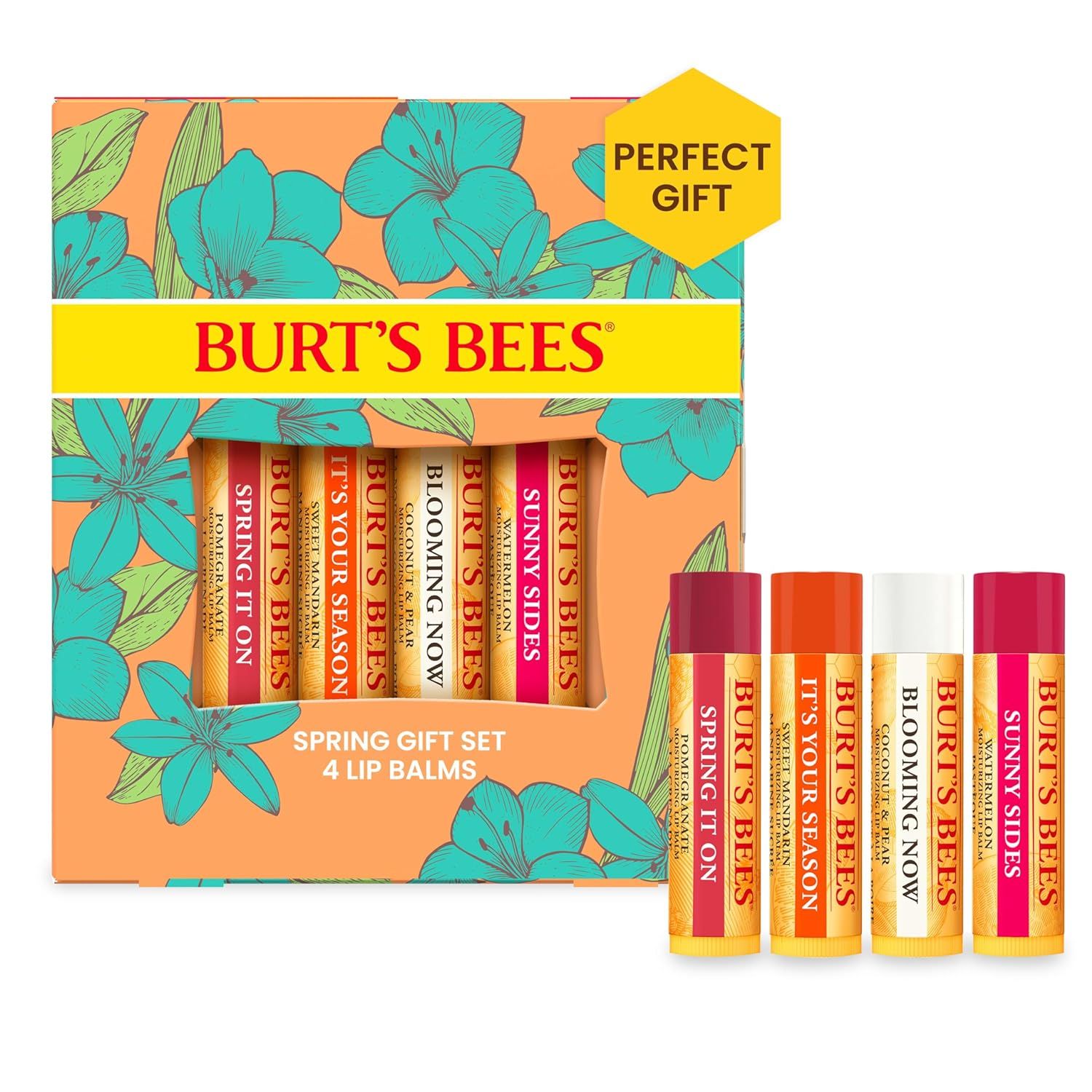 Geschenkset mit vier Lippenbalsamen. Die Verpackung zeigt Blumenmuster und den Schriftzug BURT'S BEES. Enthält Lippenbalsam-Stifte.