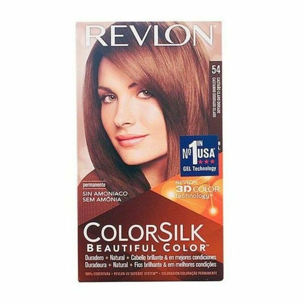 Revlon Colorsilk 54 Light Golden Brown. Verpackung mit Frau mit hellbraunem Haar. Text: Ohne Ammoniak, 3D Color Technology.
