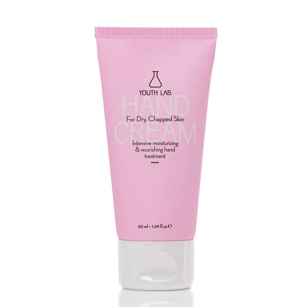 Rosa Tube mit weißem Verschluss. Aufschrift: YOUTH LAB Hand Cream For Dry, Chapped Skin. Text: Intensive moisturizing & nourishing hand treatment.