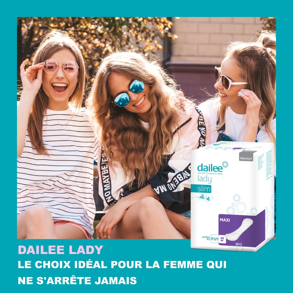 Trois femmes avec un paquet Dailee Lady Maxi. Image du produit et texte: "LE CHOIX IDÉAL POUR LA FEMME QUI NE S'ARRÊTE JAMAIS".