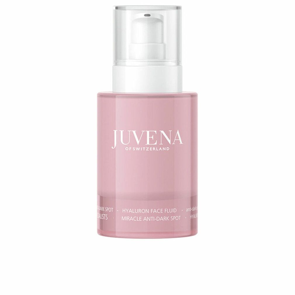 Rosa Flasche mit weißem Pumpkopf. Aufschrift: Juvena of Switzerland, Hyaluron Face Fluid, Miracle Anti-Dark Spot.
