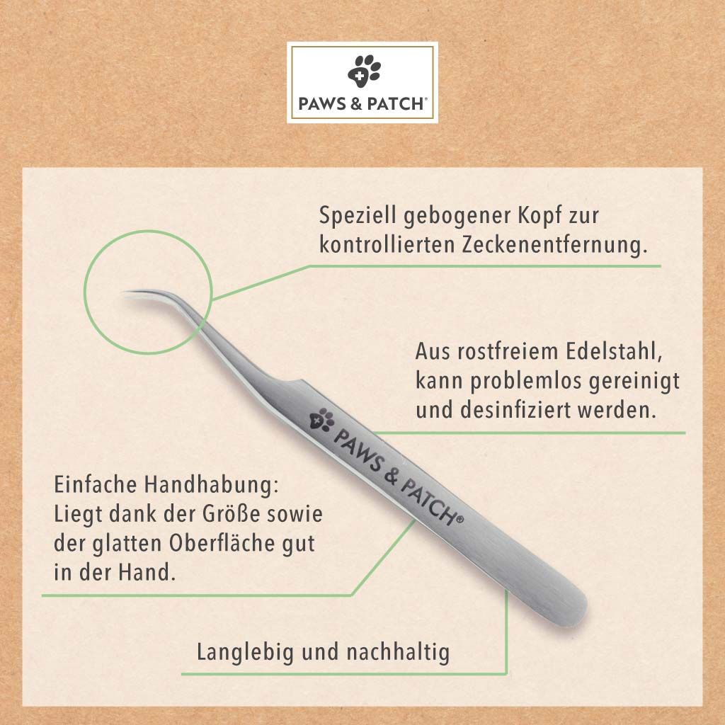 Zecken-Duo-Werkzeug aus Edelstahl. Beschriftung: PAWS & PATCH. Text: Speziell gebogener Kopf, einfache Handhabung, langlebig.