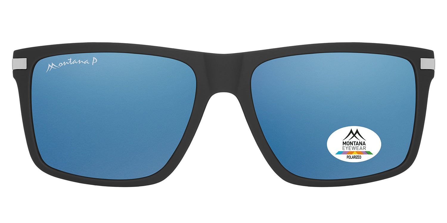Schwarze Sonnenbrille mit blauen Gläsern. Montana Eyewear Logo und Polarized-Aufkleber. Rechteckige Form.