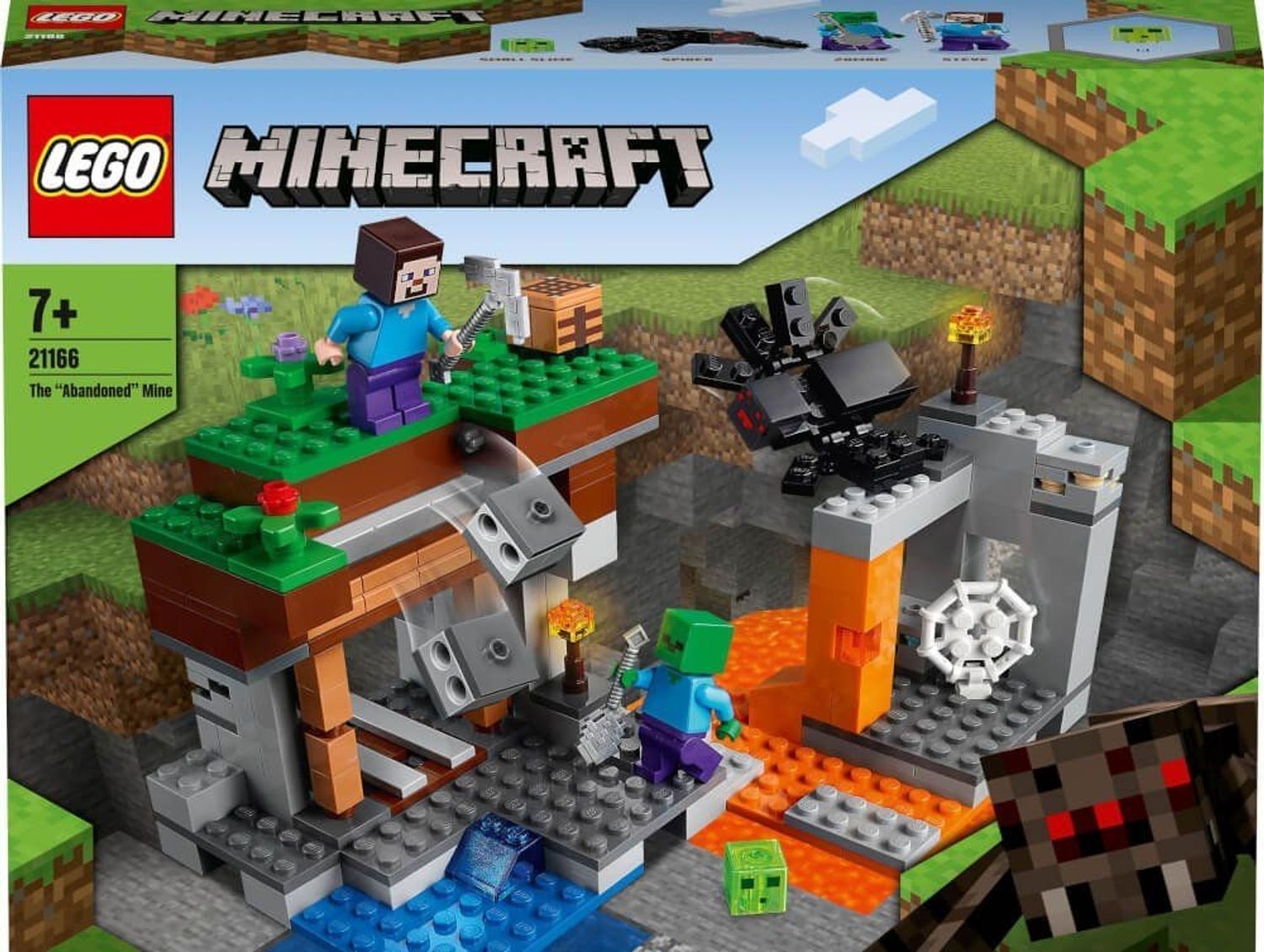 LEGO Minecraft 21166. Set mit Figuren und Mine. Verpackung zeigt das Set mit Figuren und Mine.