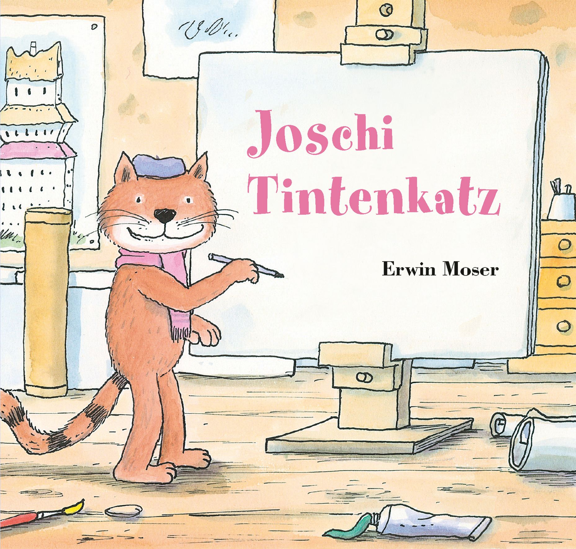 Buchcover mit Titel "Joschi Tintenkatz" und Autor Erwin Moser. Eine Katze mit Hut und Schal steht vor einer Tafel.