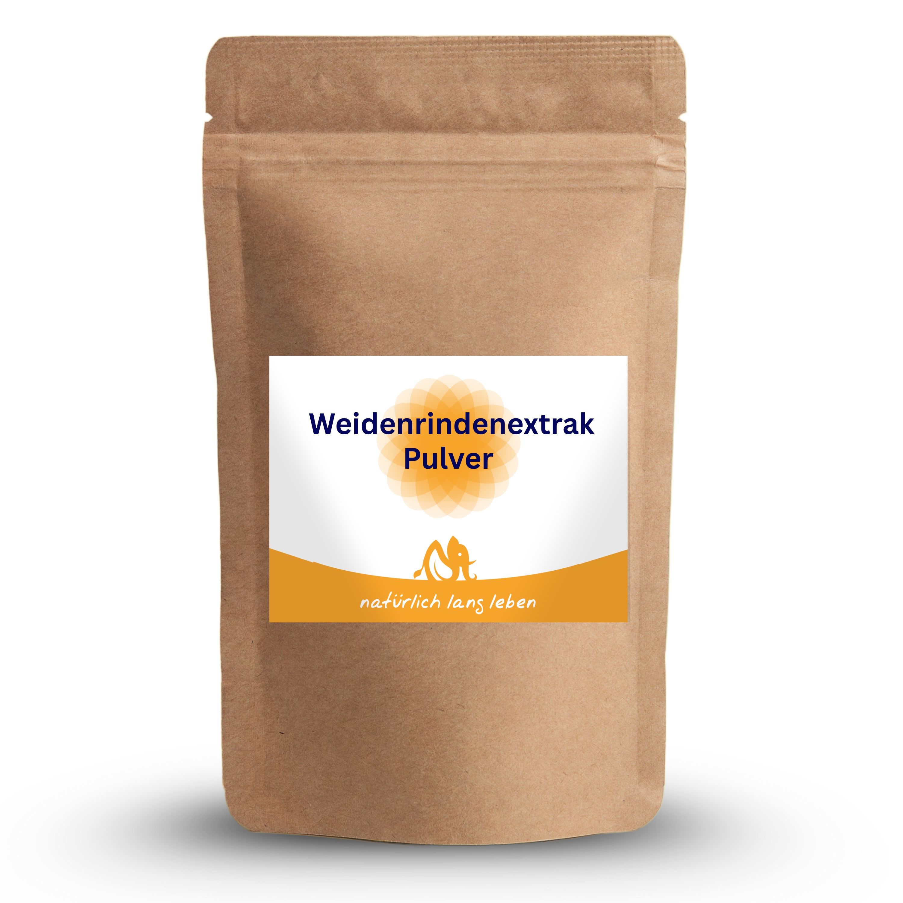 Braune Pulverpackung mit Etikett. Aufschrift: Weidenrindenextrakt Pulver. Logo und Schriftzug: natürlich lang leben.