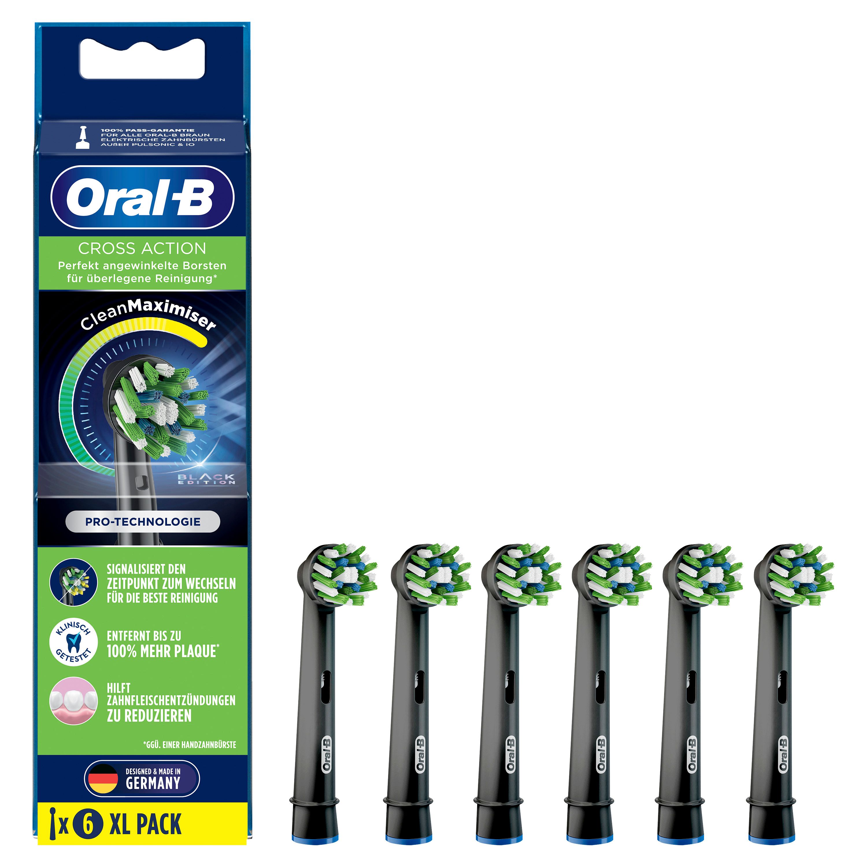 Packung mit 6 schwarzen Oral-B CrossAction CleanMaximizer Aufsteckbürsten. Verpackung mit Produktinformationen und Logo.