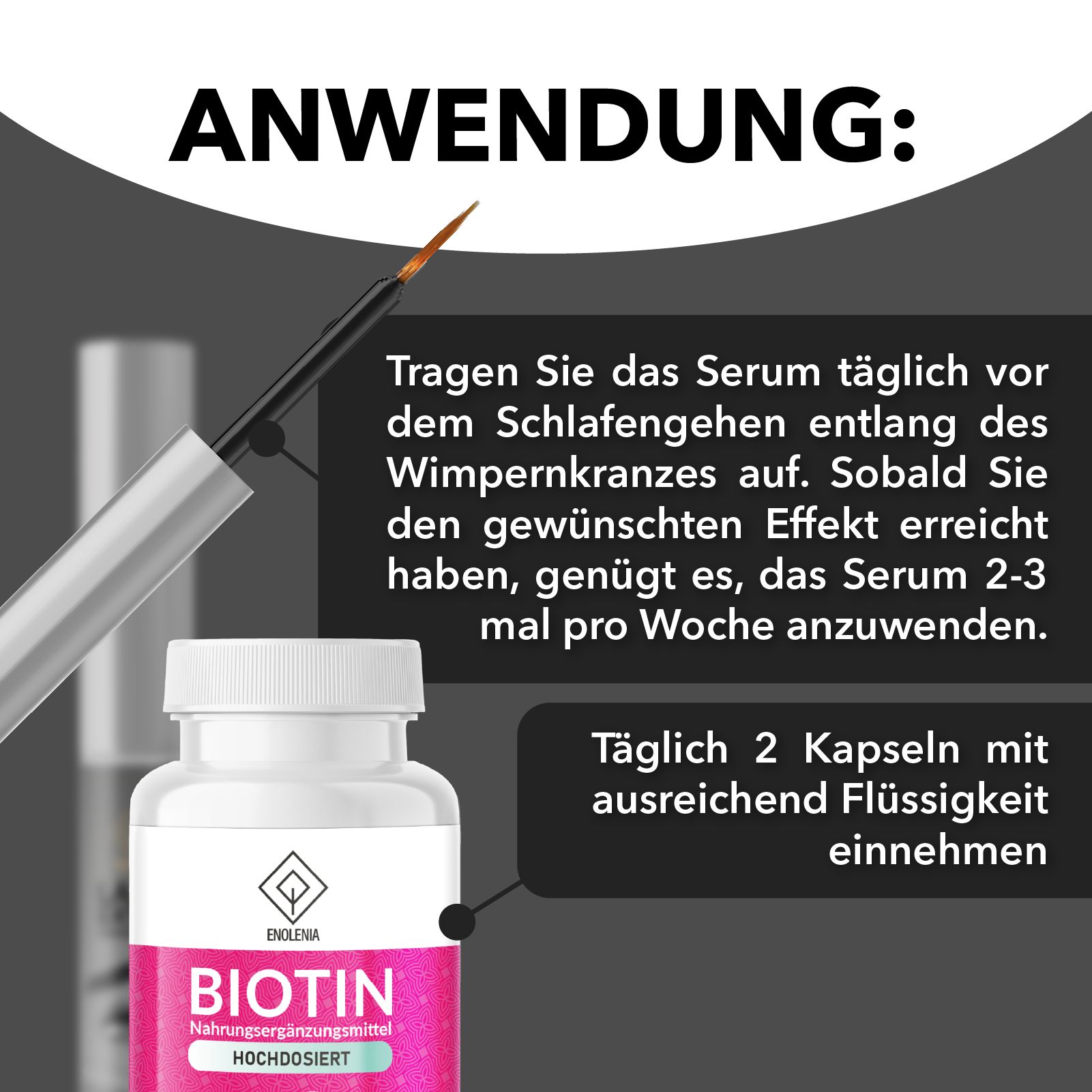 Anwendung: Serum-Applikator und Kapsel-Dose. Serum-Applikator zeigt Spitze. Kapsel-Dose mit pinkfarbenem Etikett.