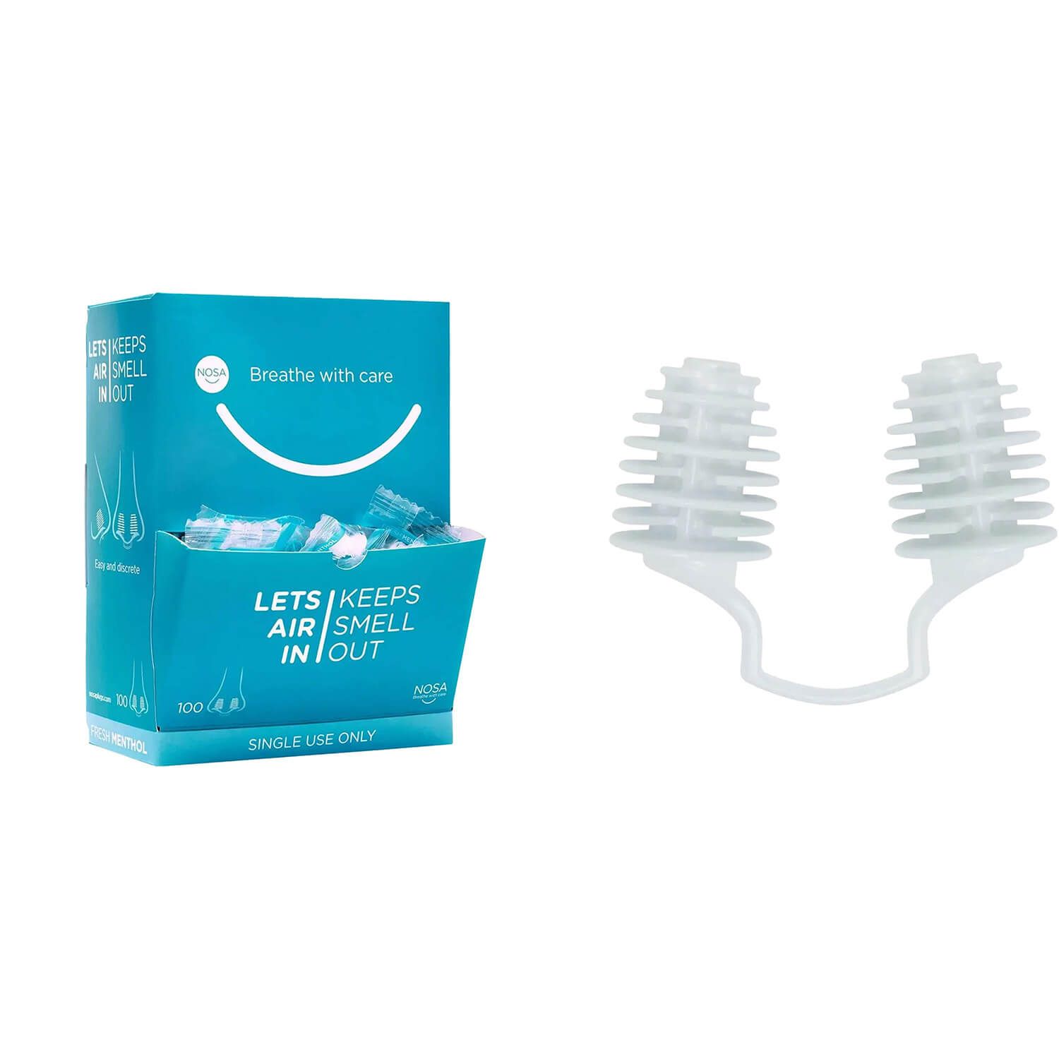 Verpackung mit 100 NOSA Nasenstopfen, einzeln verpackt, mit Menthol.