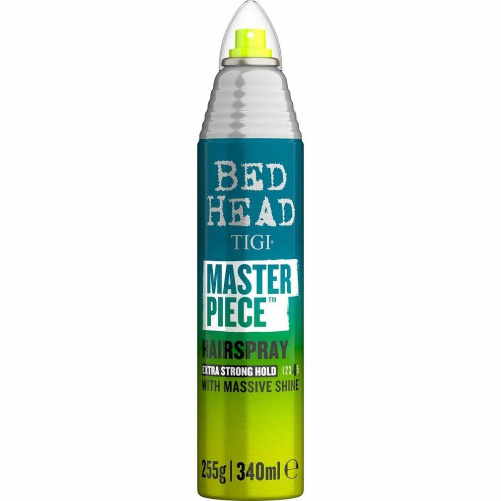 Haarspray-Flasche mit grün-blauem Design. Aufschrift: Bed Head Tigi Masterpiece. Extra starker Halt. 255g/340ml.