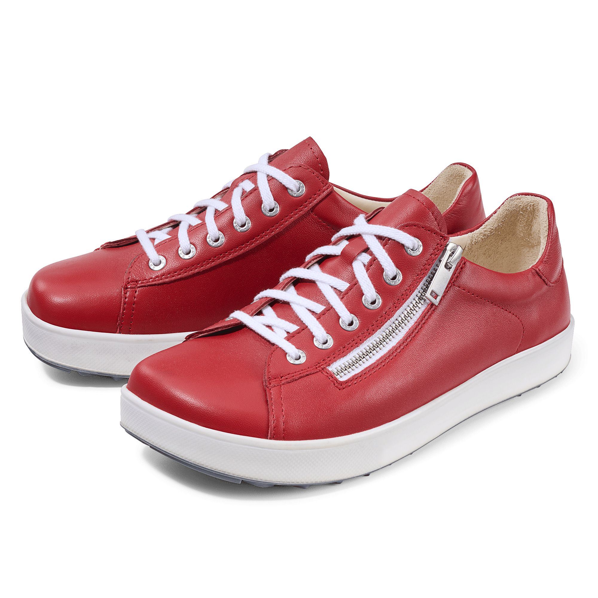 Rote Damen-Sneakers mit weißen Schnürsenkeln und Reißverschluss. Weiße Sohle.