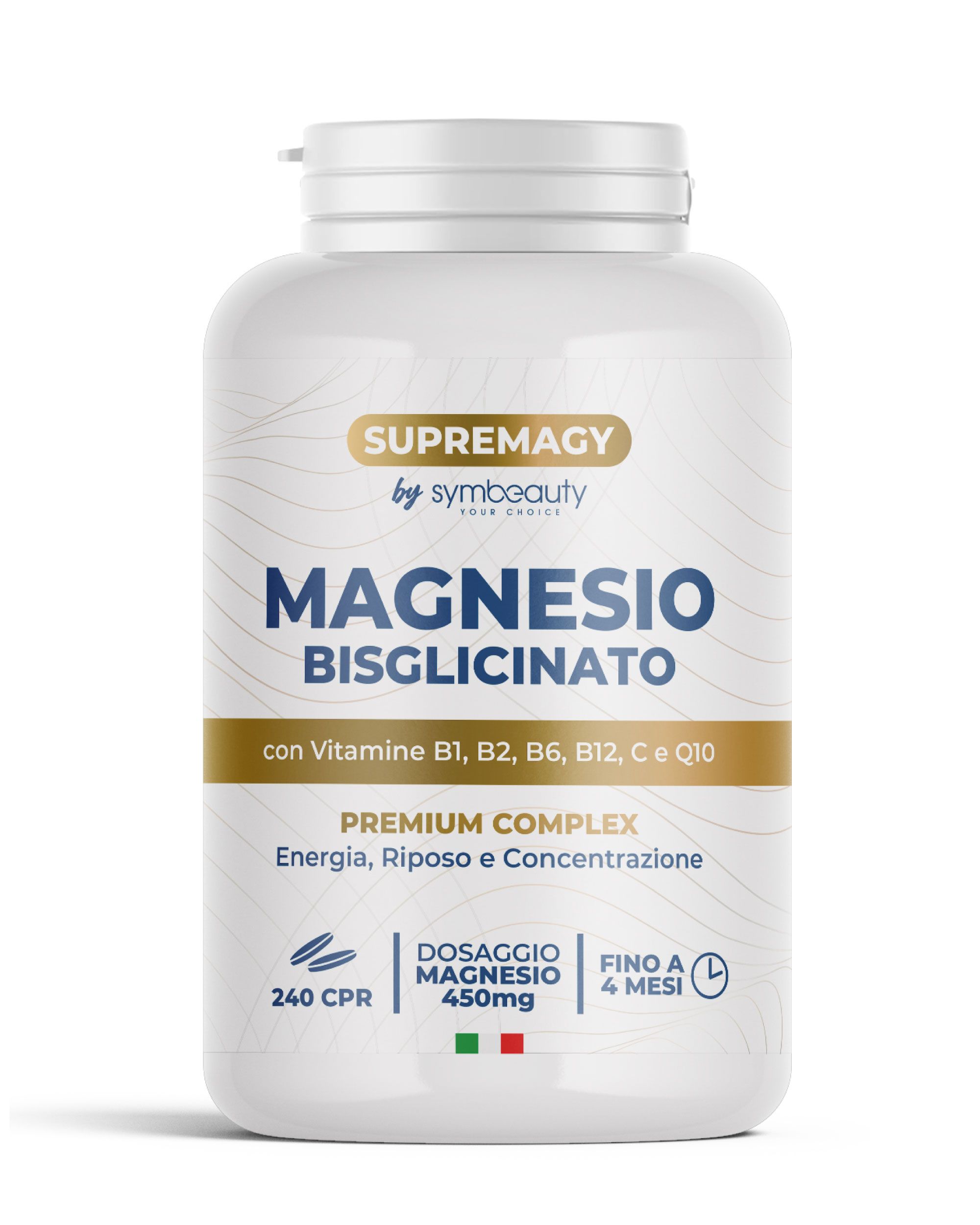 SYMBEAUTY® Magnesio Bisglicinato 450mg + Vitamine B1,B2, B6, B12, C e Q10