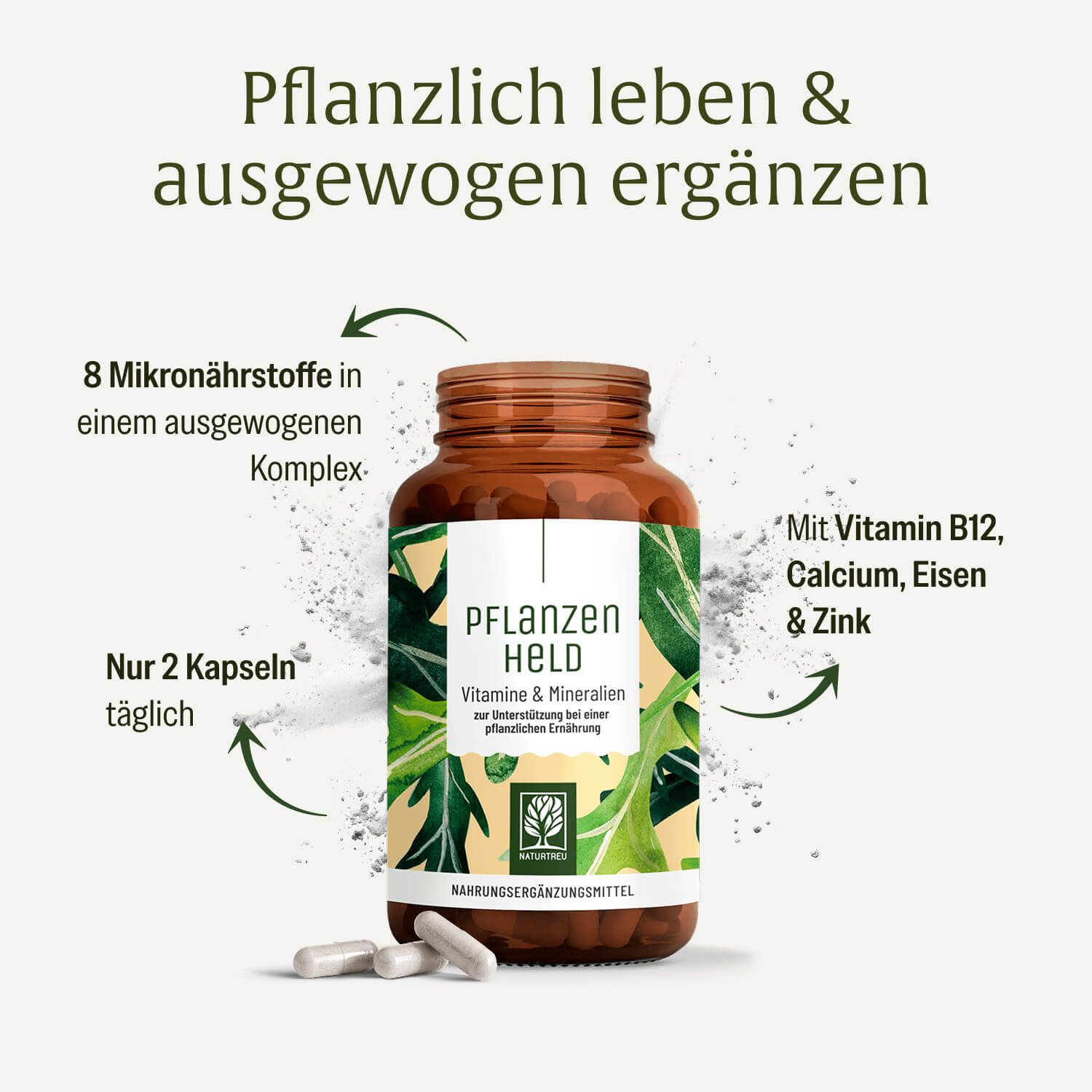 Flasche "Pflanzenheld" Vitamine & Mineralstoffe, umgeben von Blattwerk und Text.
