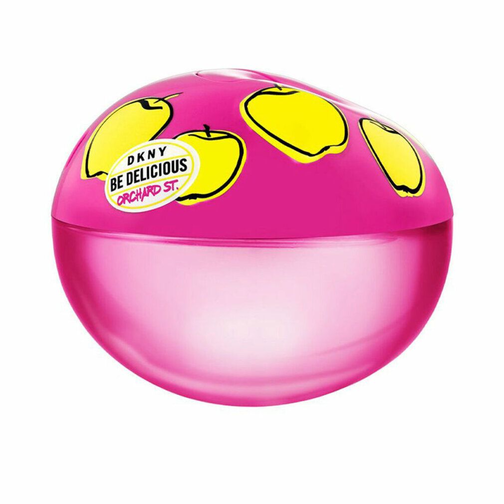 Pinkfarbener, runder Flakon mit gelben Apfel-Dekor. Aufkleber mit Produktnamen.
