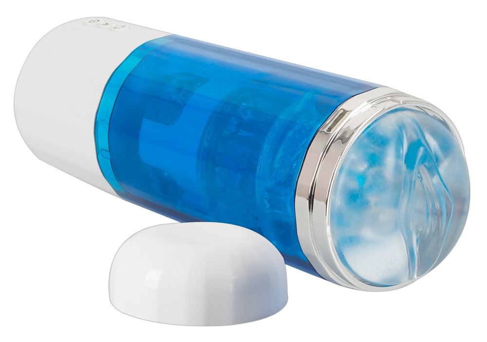 Blau-weißes, zylindrisches Gerät. Silberne Akzente. Sichtbare Innenausstattung. Drei Knöpfe.