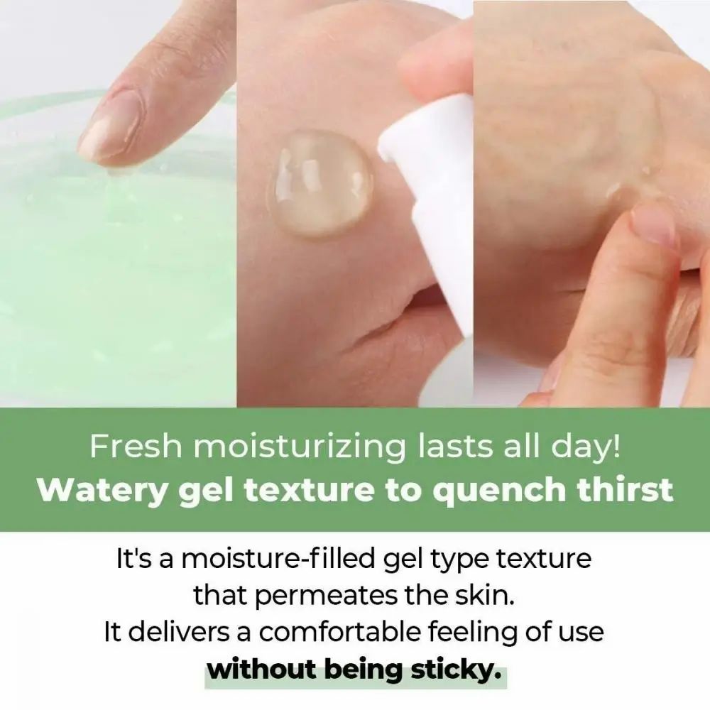 Drei Nahaufnahmen von Haut mit Serum. Text: Fresh moisturizing lasts all day! Watery gel texture to quench thirst. Ohne klebrig.