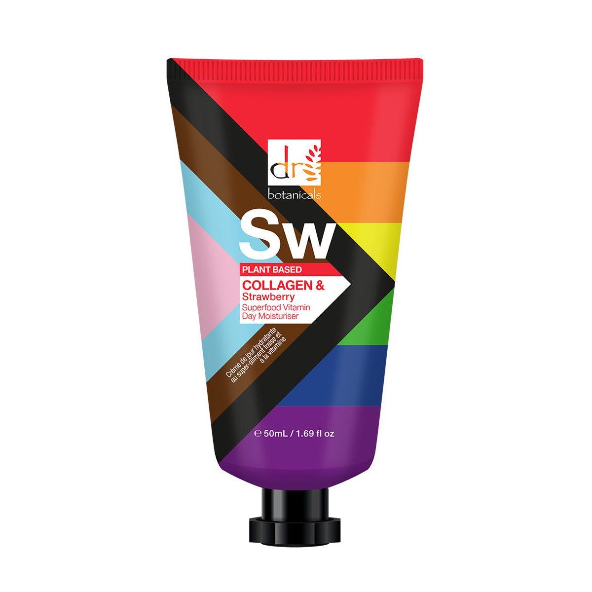 Tube mit farbenfrohem Design. Aufschrift: Dr Botanicals, Sw, Collagen & Strawberry, Tagesfeuchtigkeitscreme. Schwarzer Verschluss.