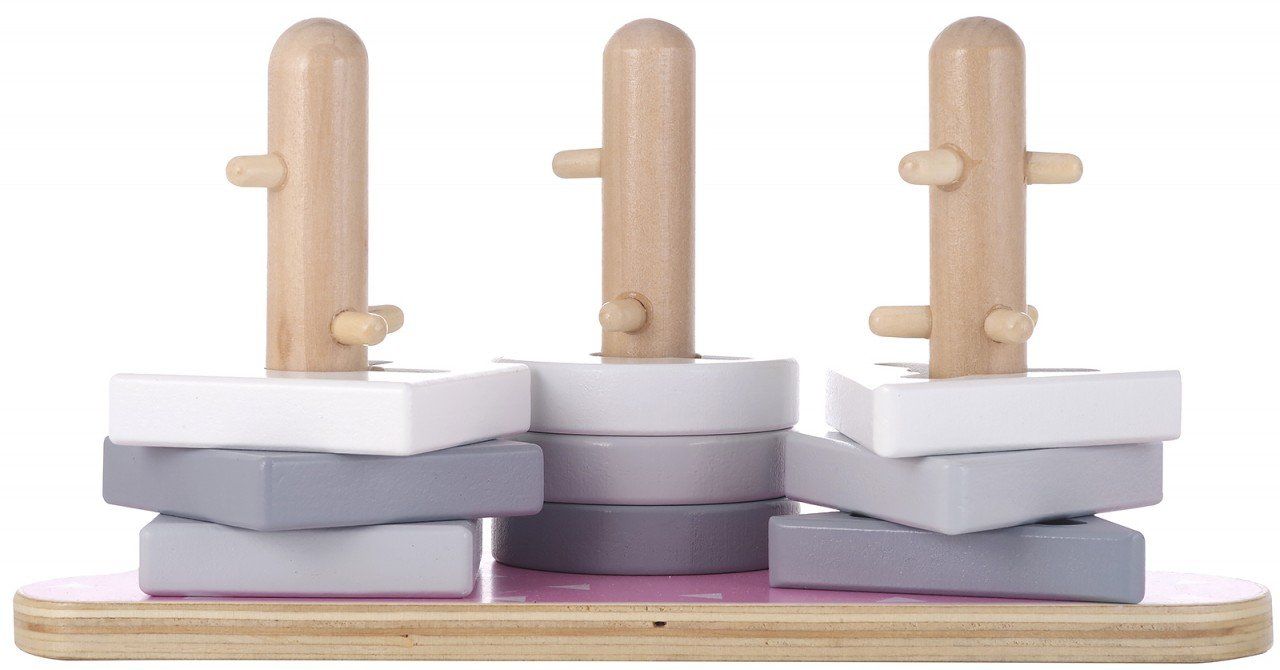 Holzpuzzle Wolke rosa mit drei Holzstiften und geometrischen Formen. Grau, weiß und rosa. Auf Holzbasis.