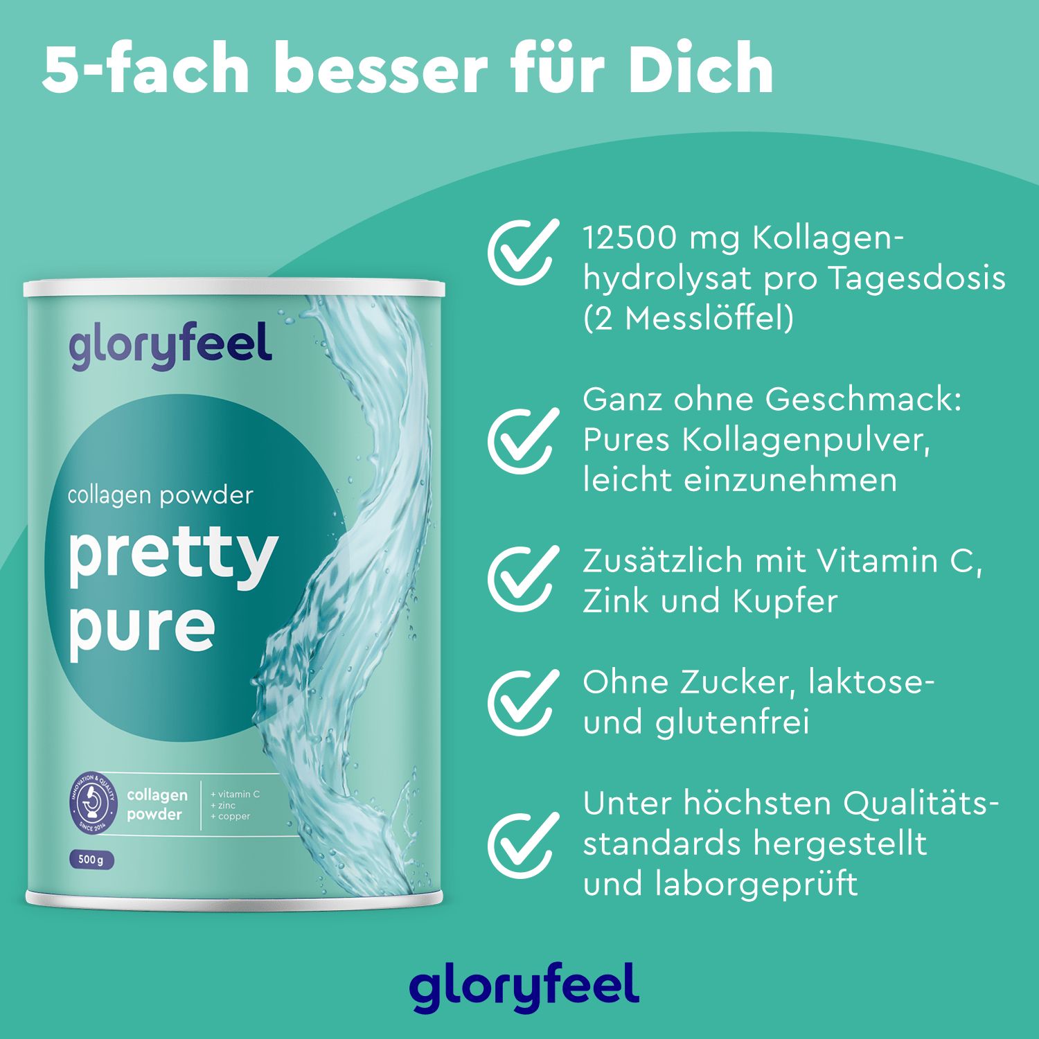 Produkt mit Dose, "gloryfeel" und "pretty pure". Text: 12500 mg Kollagen, ohne Zucker, laktose- und glutenfrei. Türkis-weißes Design.