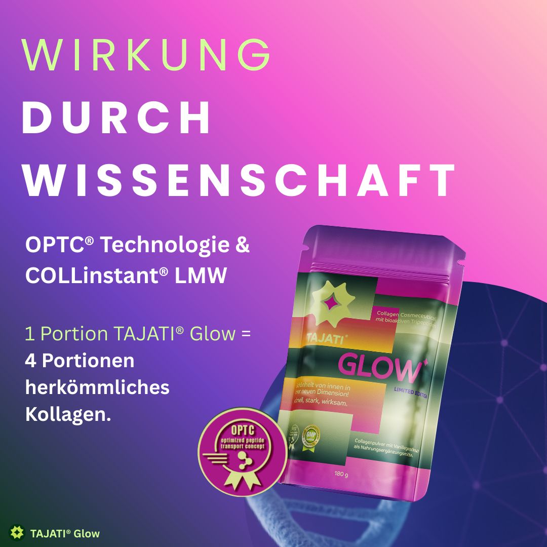TAJATI® Glow-Beutel. OPTC® Technologie & COLLInstant® LMW. 1 Portion = 4 Portionen herkömmliches Kollagen.