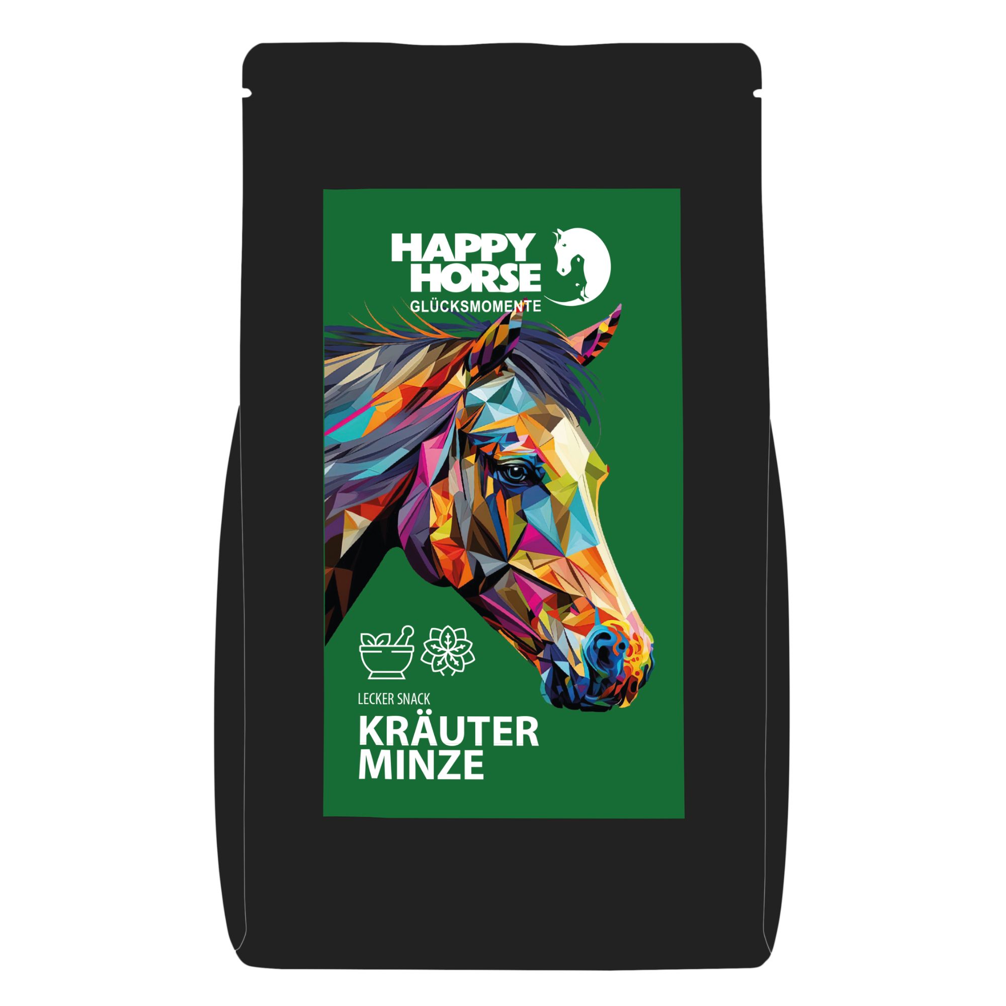 Schwarze Verpackung mit grünem Etikett. Darauf: Logo, Pferdeportrait, Schriftzug "Kräuter Minze".