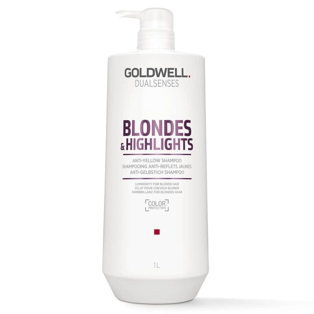 Goldwell Dual Senses Shampoo. Weiße Flasche mit Pumpe. Aufschrift: Blondes & Highlights. 1L.