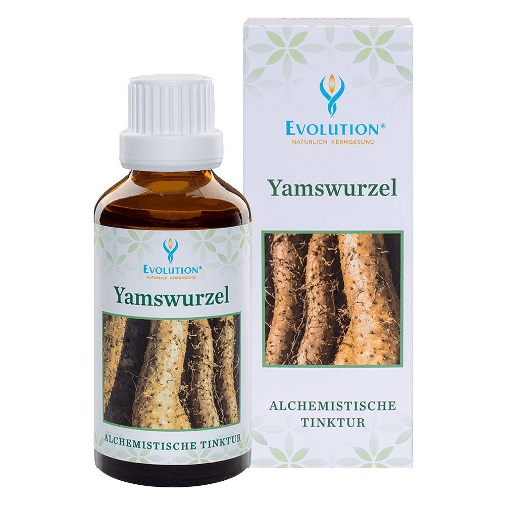 Eine Flasche und eine Schachtel der Evolution Yamswurzel Tinktur. Die braune Glasflasche hat einen weißen Deckel. Auf dem Etikett steht "Evolution" und "Yamswurzel". Die Schachtel zeigt Yamswurzeln und den Schriftzug "Alchemistische Tinktur".