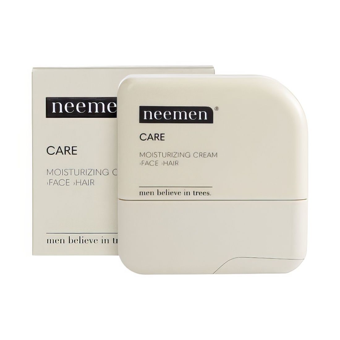Beige Creme-Spender und Verpackung. Schwarzer Schriftzug: Neemen Care, Feuchtigkeitscreme für Gesicht und Haar. Text: men believe in trees.