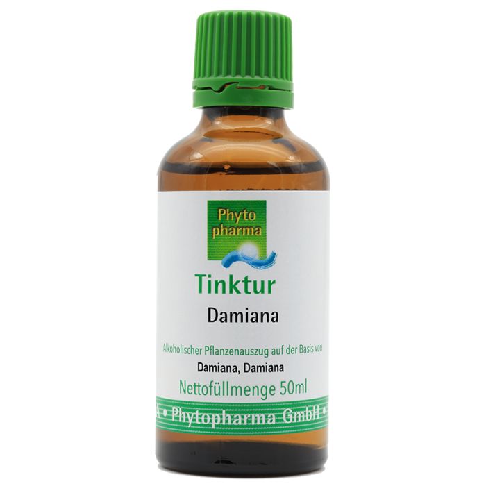 Braune Glasflasche mit grünem Verschluss. Etikett mit "Tinktur Damiana" und "Phytopharma".