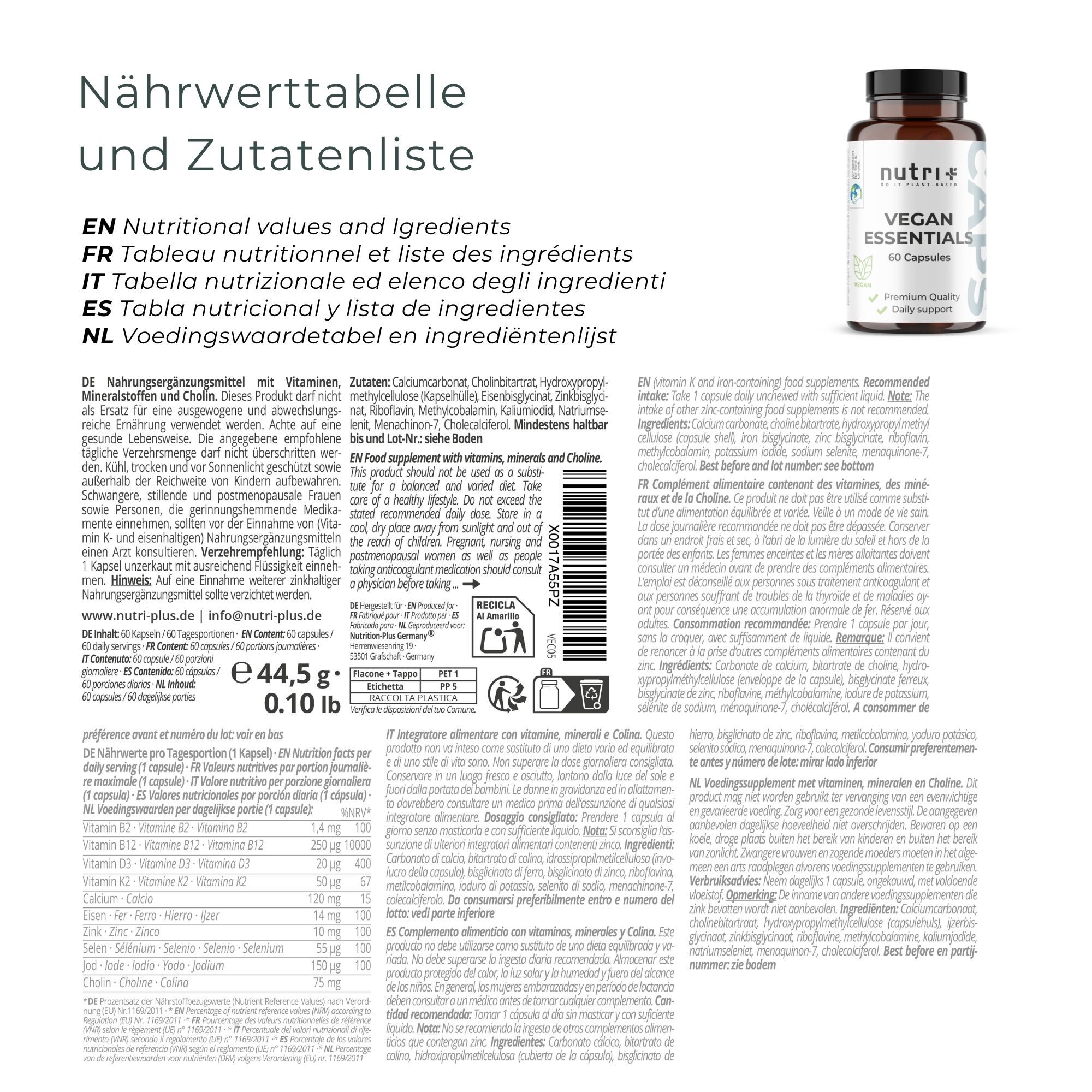 Nährwerttabelle und Zutatenliste. Flasche mit VEGAN ESSENTIALS. Text in Deutsch, Englisch, Französisch, Italienisch, Niederländisch.