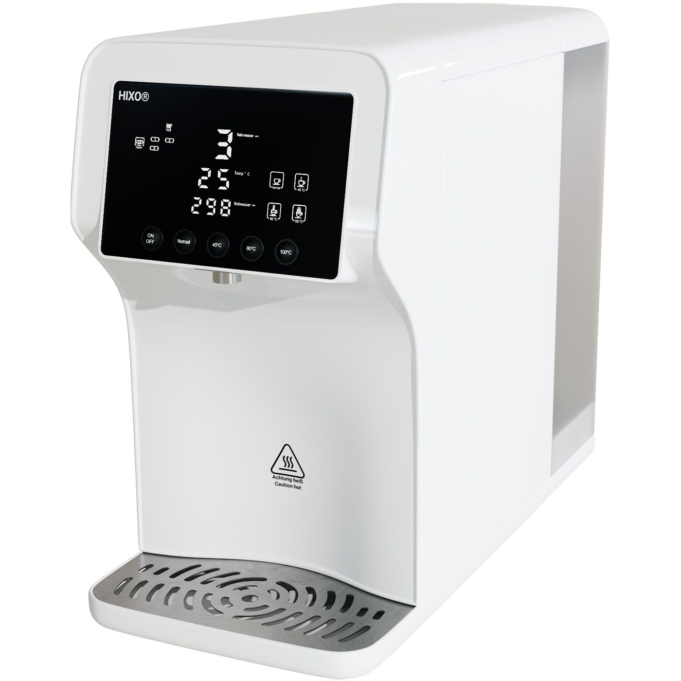 Weißer Wasserfilter mit digitalem Display und Tropfschale. Das Display zeigt Zahlen und Symbole an. Unten ein Heizsymbol.