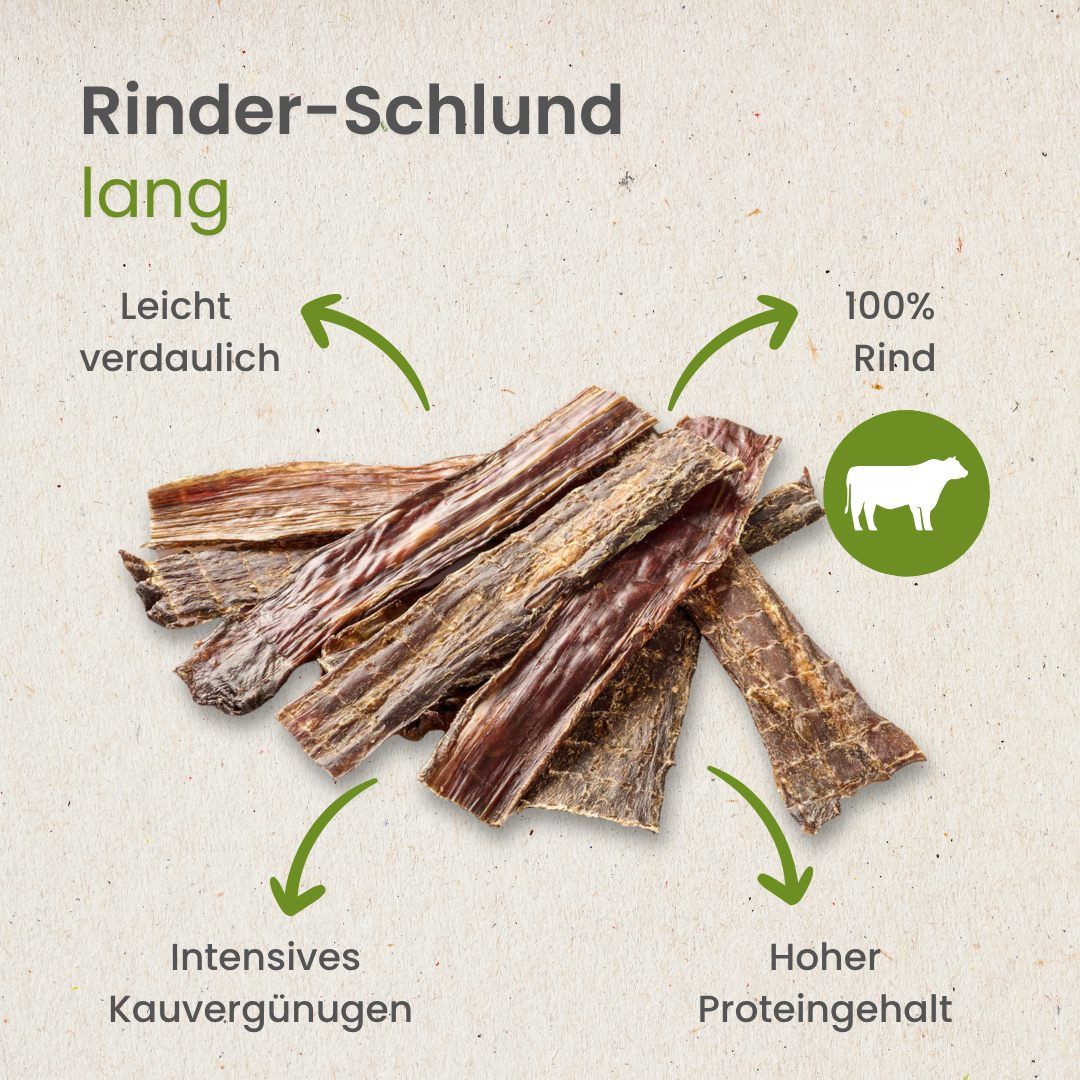 Getrocknete Rinder-Schlund-Streifen, 100% Rind, auf weißem Hintergrund.