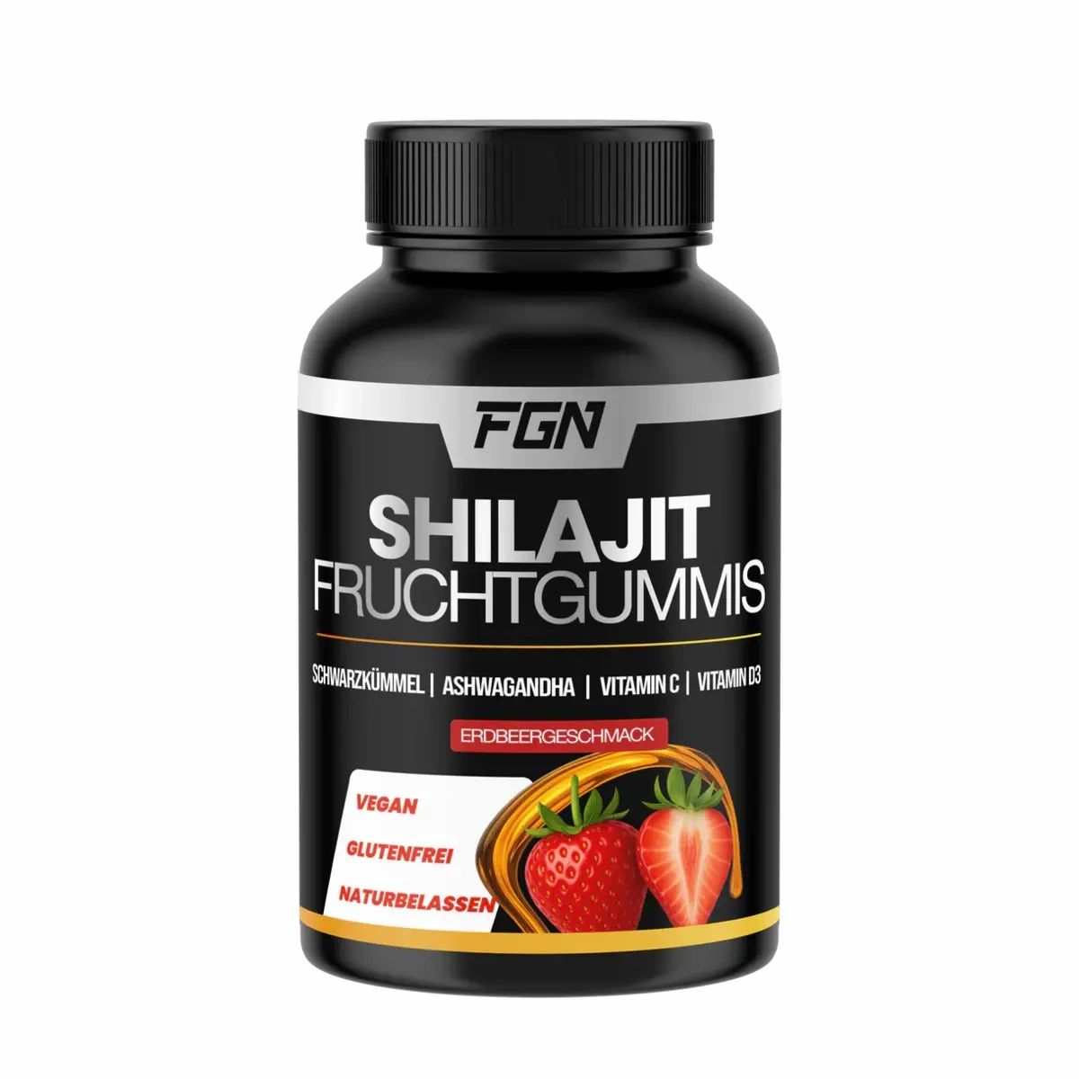 FGN Shilajit Fruchtgummies: Schwarzkümmel, Ashwagandha, Vitamin C, D3. Erdbeergeschmack. Vegan, glutenfrei, naturbelassen.