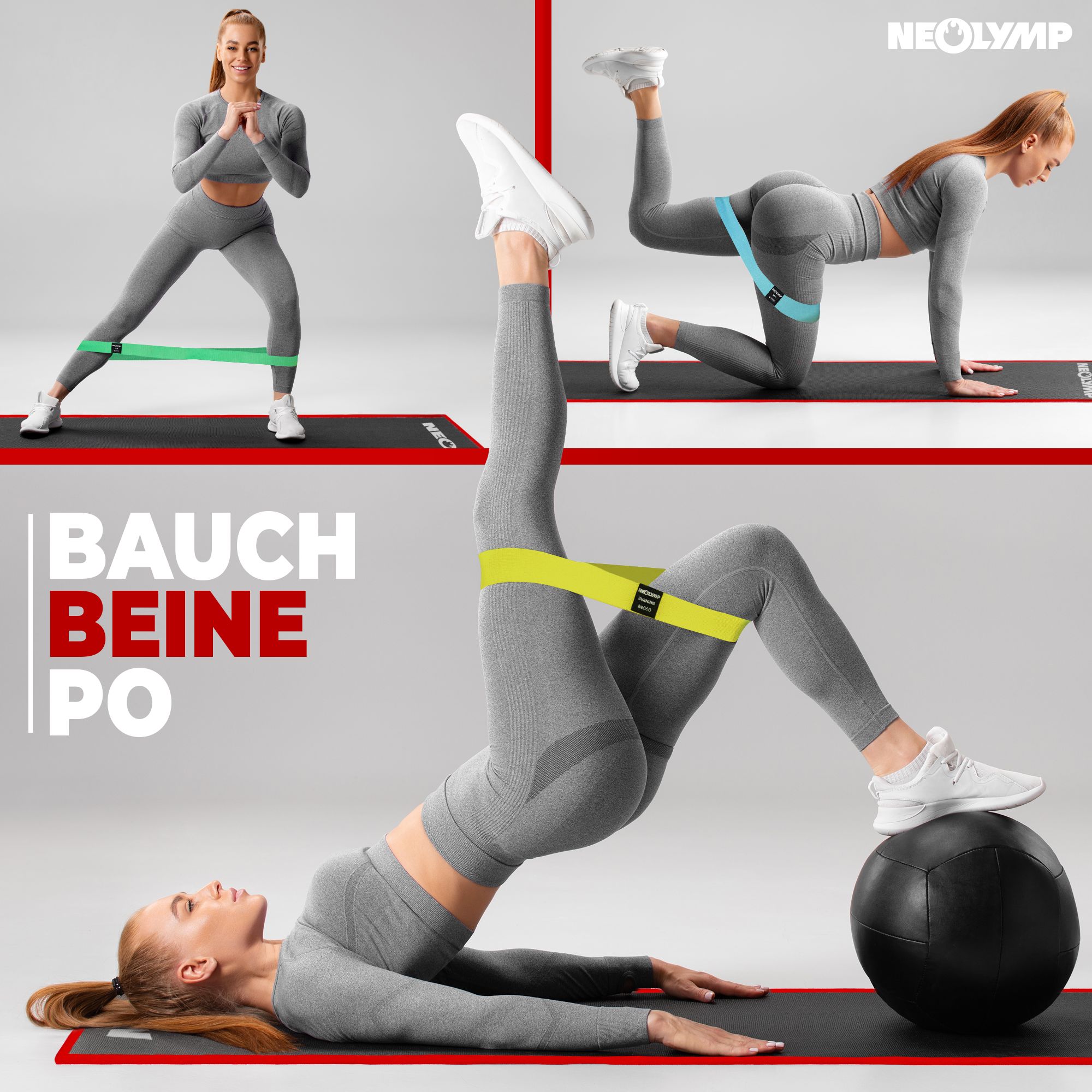 Drei Frauen trainieren mit Fitnessbändern. Text: NEOLYMP, BAUCH, BEINE, PO.
