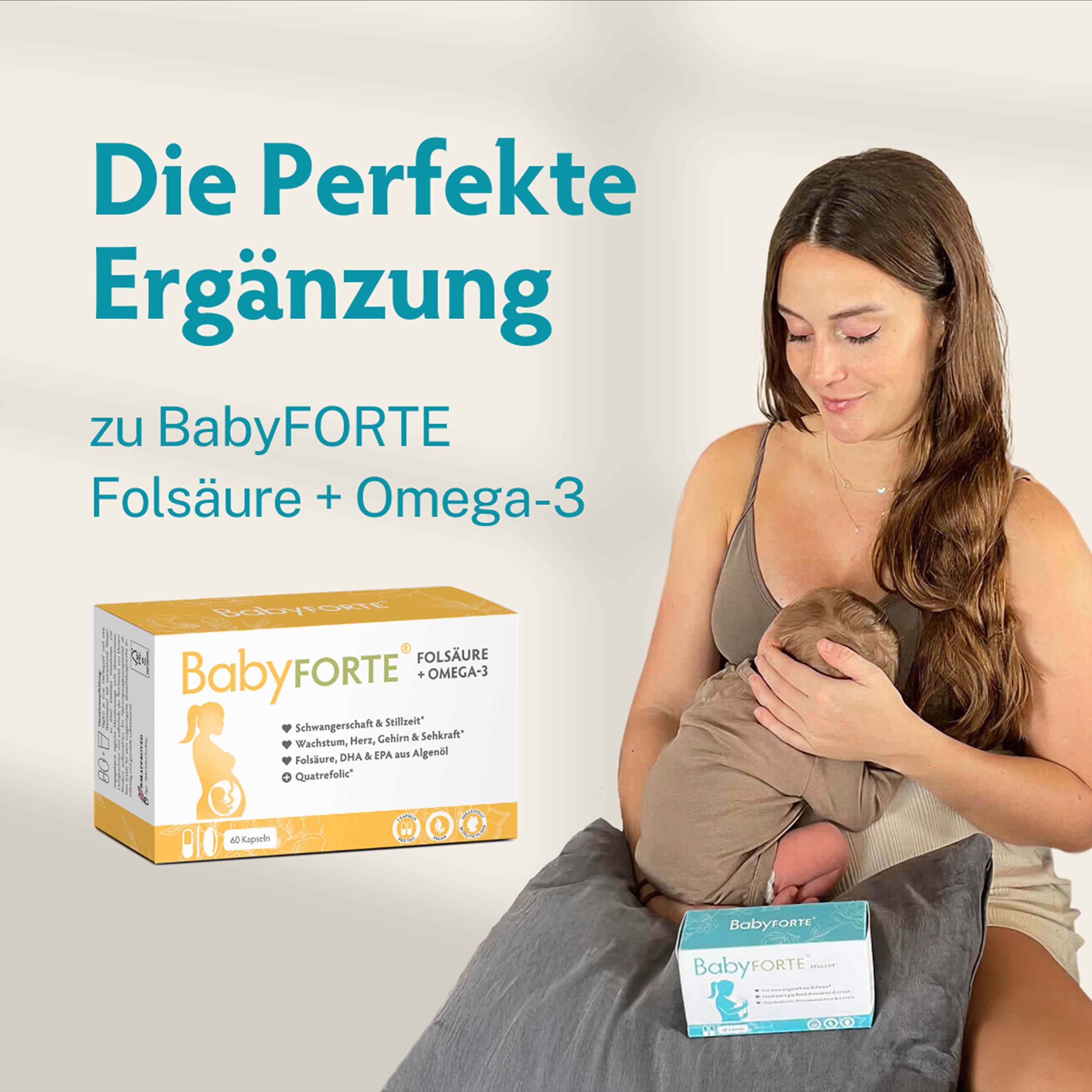 BabyFORTE®-Packung und Frau mit Baby. Text: Die perfekte Ergänzung zu BabyFORTE® Folsäure + Omega-3. Schwangerschaft.