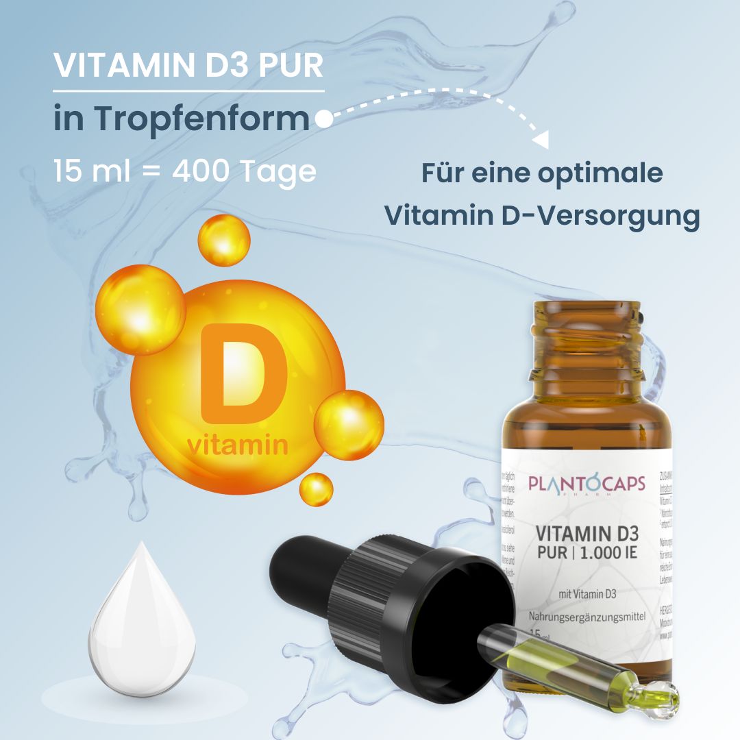 Produktabbildung mit Tropfen, Flasche und Tropfer. Text: Vitamin D3 PUR in Tropfenform. 15 ml = 400 Tage.