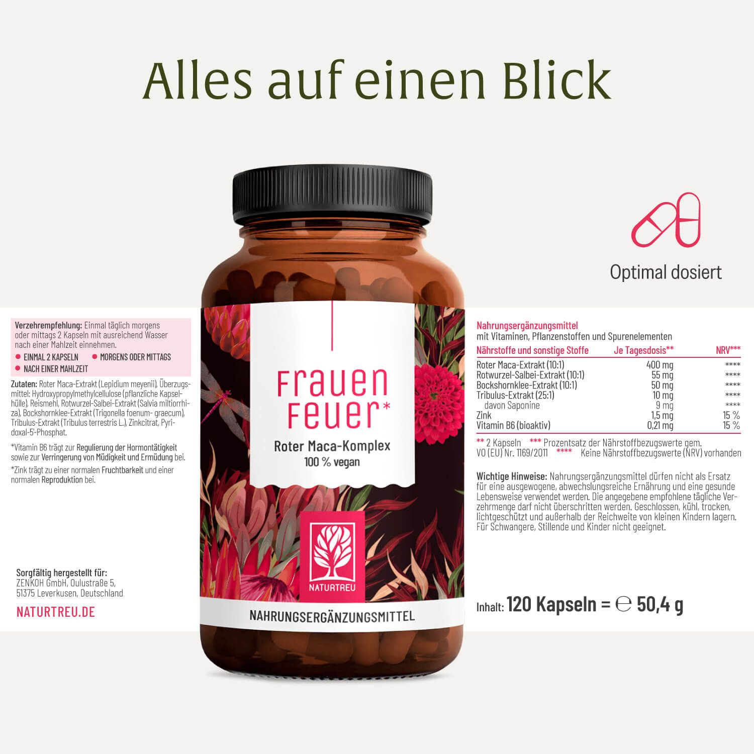 Flasche des Roter Maca-Komplex Nahrungsergänzungsmittels mit Nährwertangaben.
