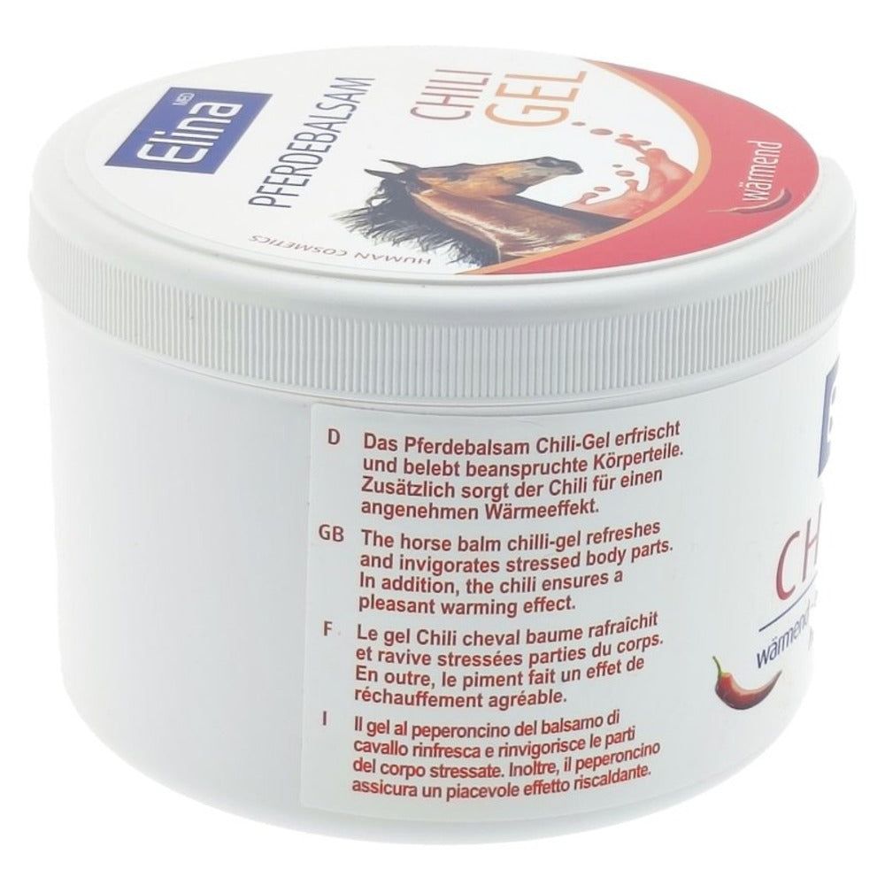 Weißer Tiegel mit Text in Deutsch, Englisch, Französisch und Italienisch. Enthält "Elina Chili Gel".