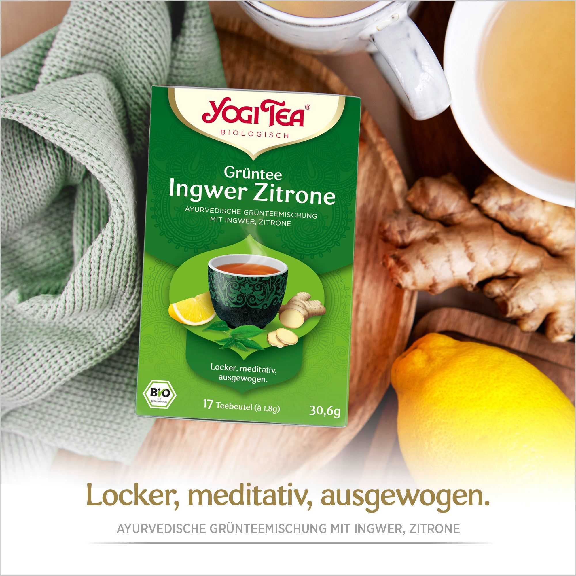 Grüne Yogi Tea-Schachtel. Aufdruck: Grüntee Ingwer Zitrone, ayurvedische Grünteemischung. Bio-Siegel, 17 Teebeutel. Zitrone, Ingwer.