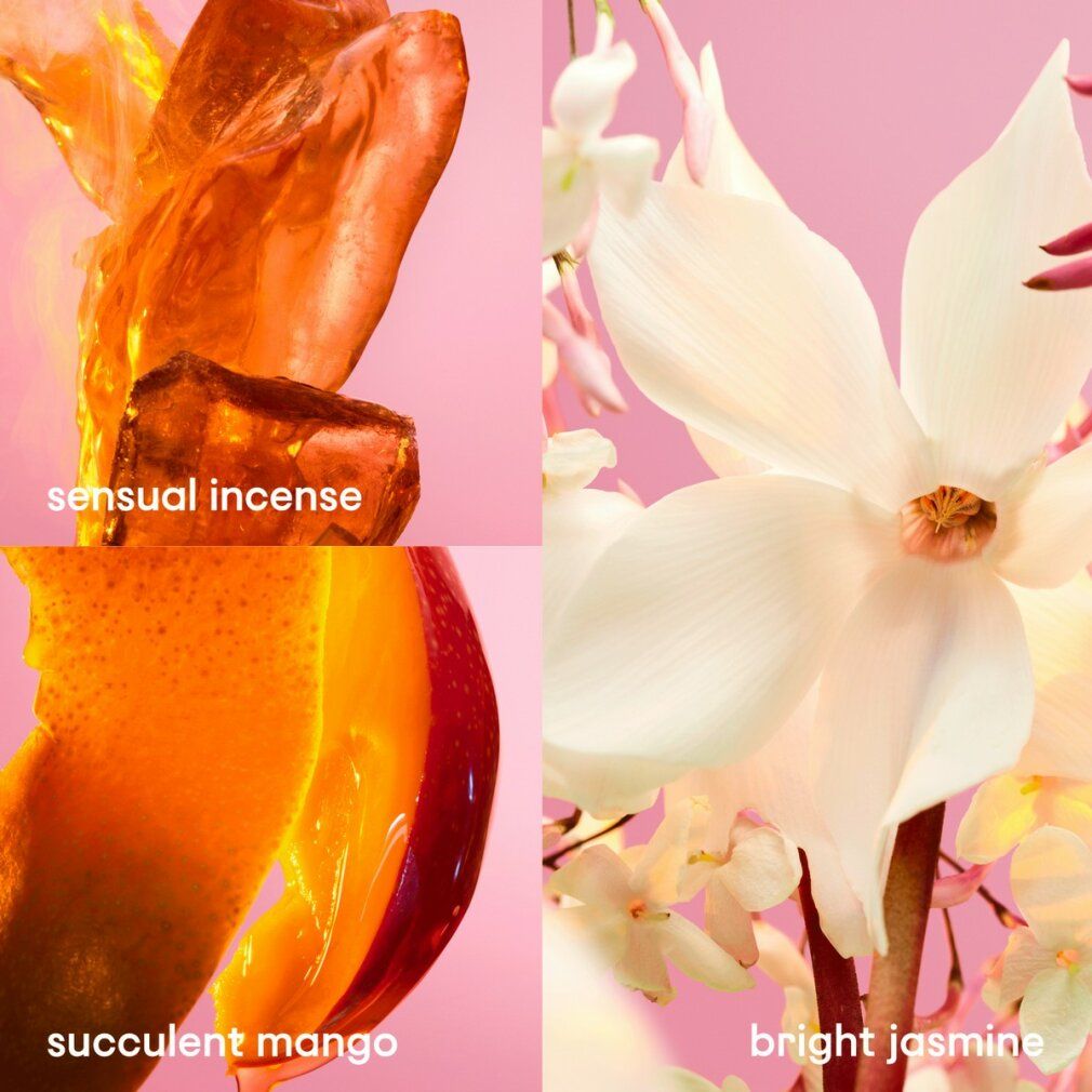 Collage mit Inhaltsstoffen: sinnlicher Weihrauch, saftige Mango, heller Jasmin. Auf rosa Hintergrund.