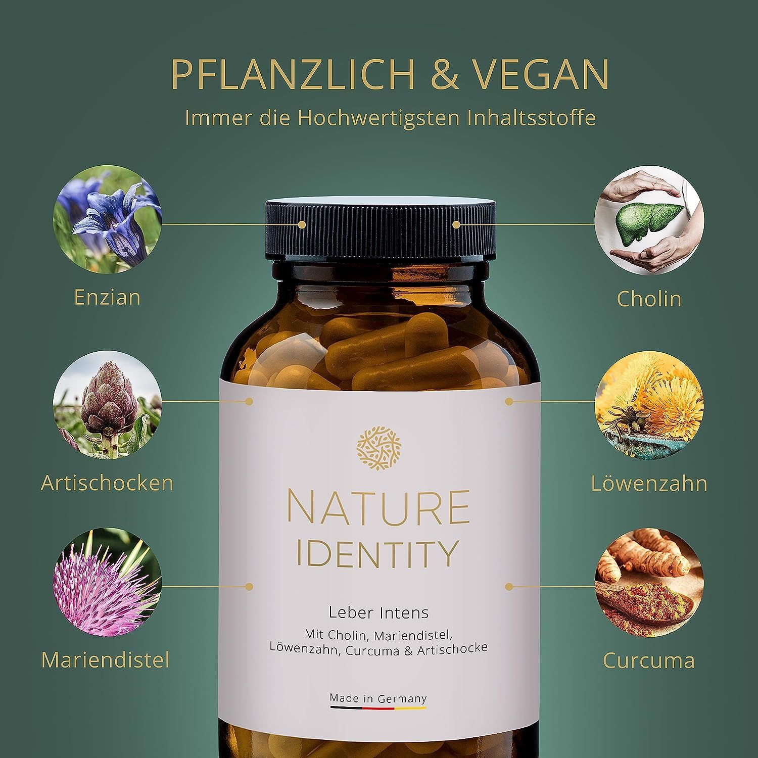 Braune Flasche mit Kapseln, umgeben von Abbildungen von Pflanzen. Text: "Nature Identity", "Leber Intens".