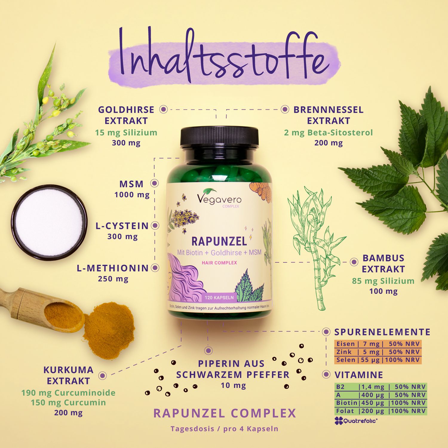 Grafico degli ingredienti di VEGAVERO Rapunzel. MSM, L-cisteina, curcuma, ortica, bambù, vitamine, oligoelementi.