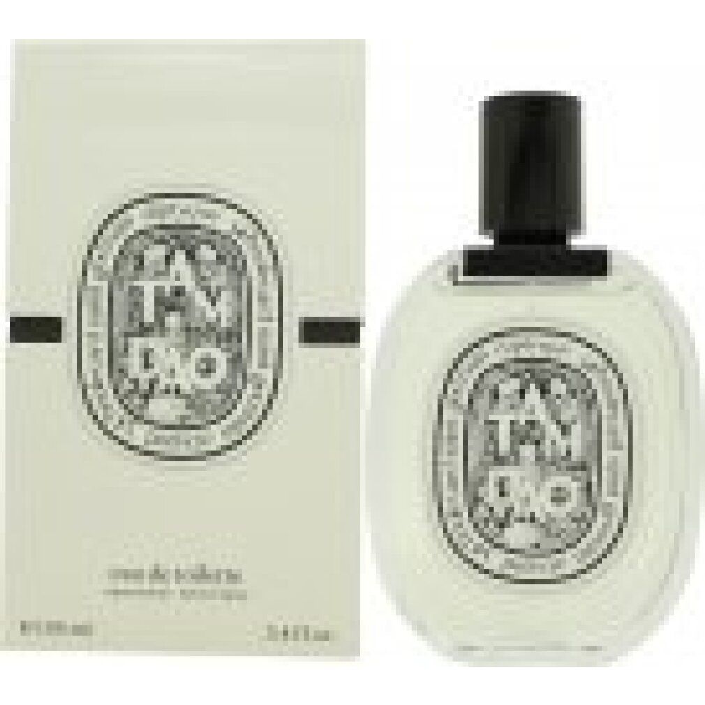 Parfümflasche und Verpackung. Aufschrift: Tam Dao, Diptyque, Eau de Toilette. Schwarzer Verschluss.