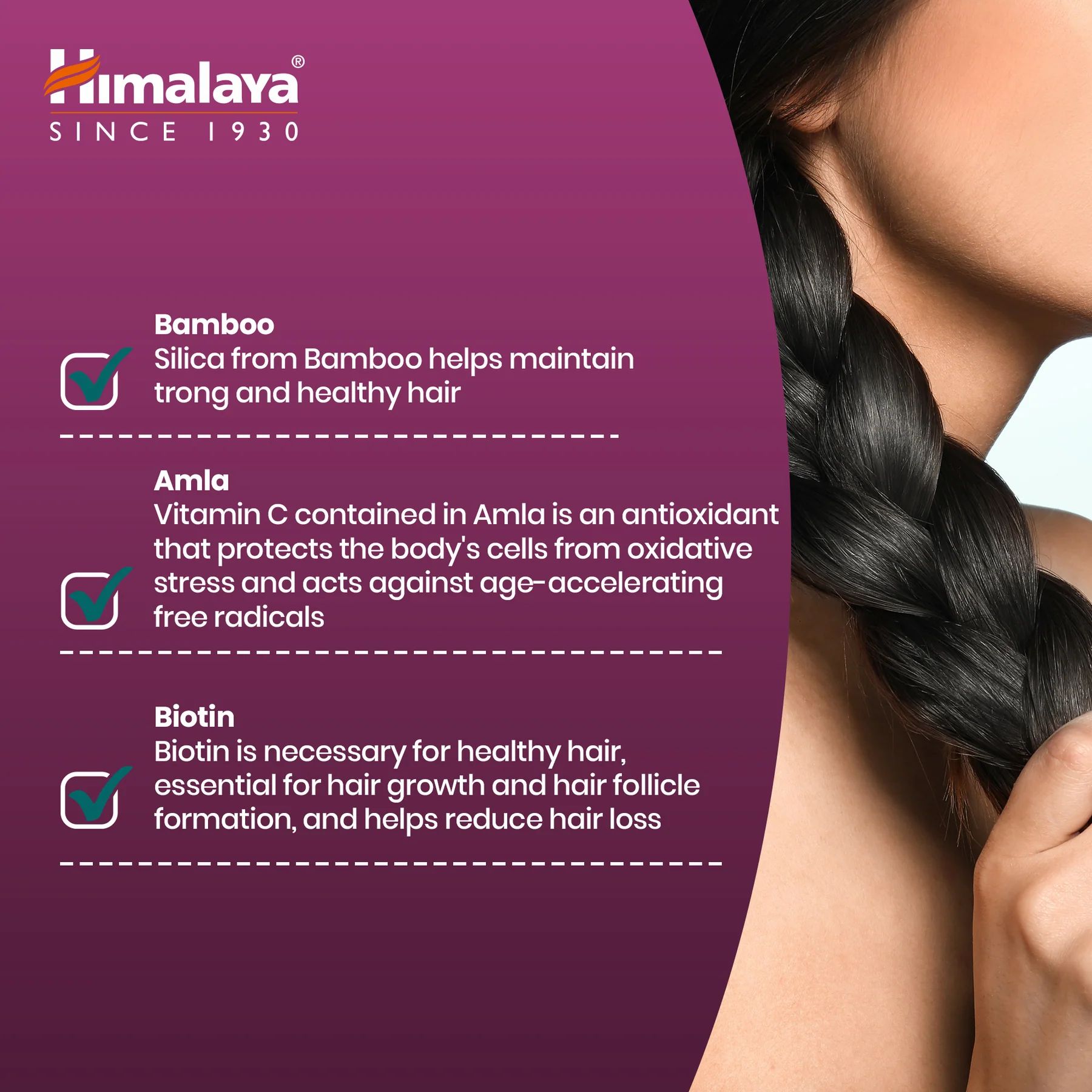 Nahaufnahme einer Frau mit geflochtenem Haar. Text: Bambus, Amla, Biotin. Informationen über die Vorteile für das Haar.